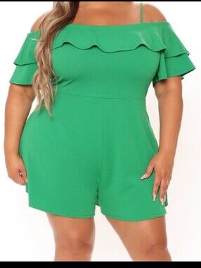 Fashion Nova Plus Size Green Off-Shoulder Ruffle Romper